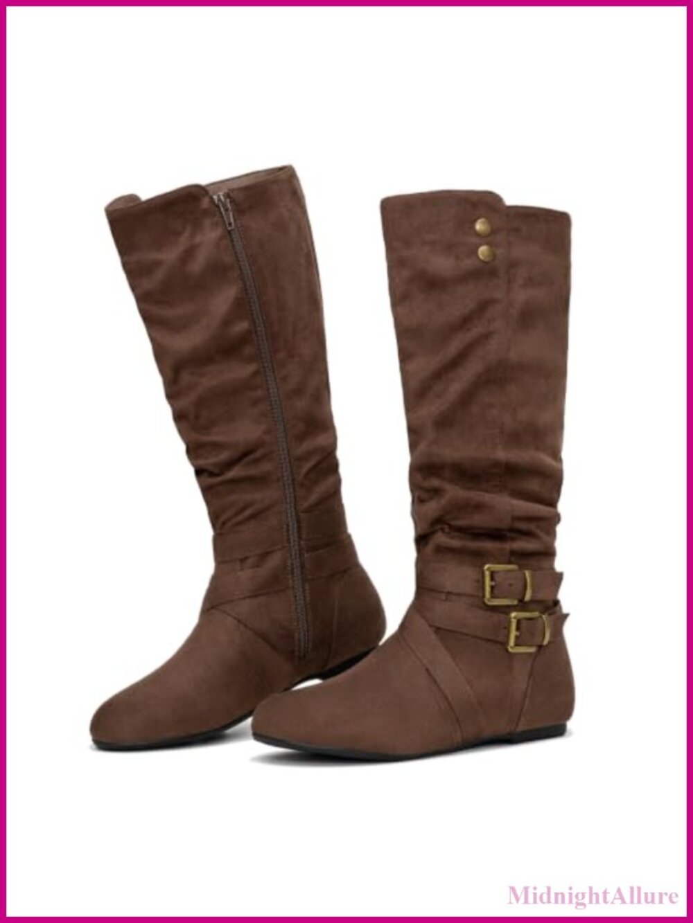 Mid Calf Slouchy Faux Suede Boots Round Toe Flat Side Zip